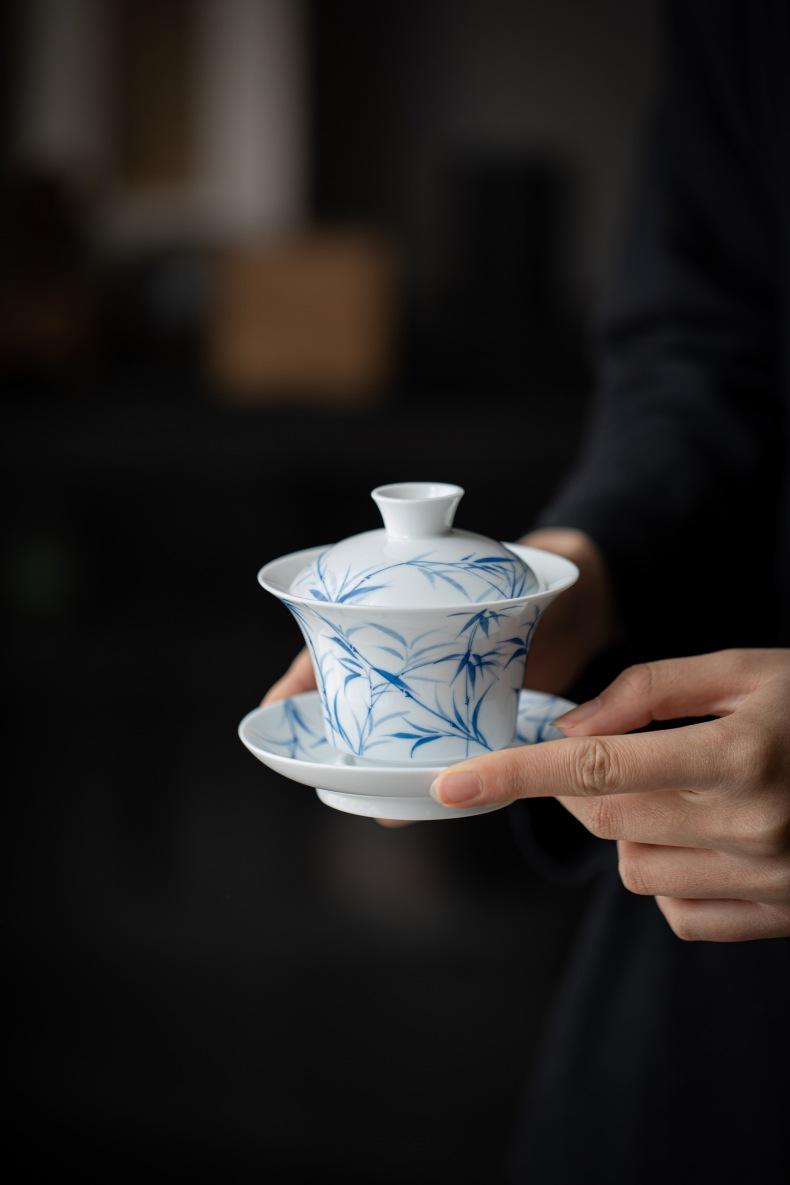 Product Introduction of Bamboo Sancai covered bowl hand-painted ceramic single large high-end Dehua white porcelain tea bowl Kung Fu tea set gift 19