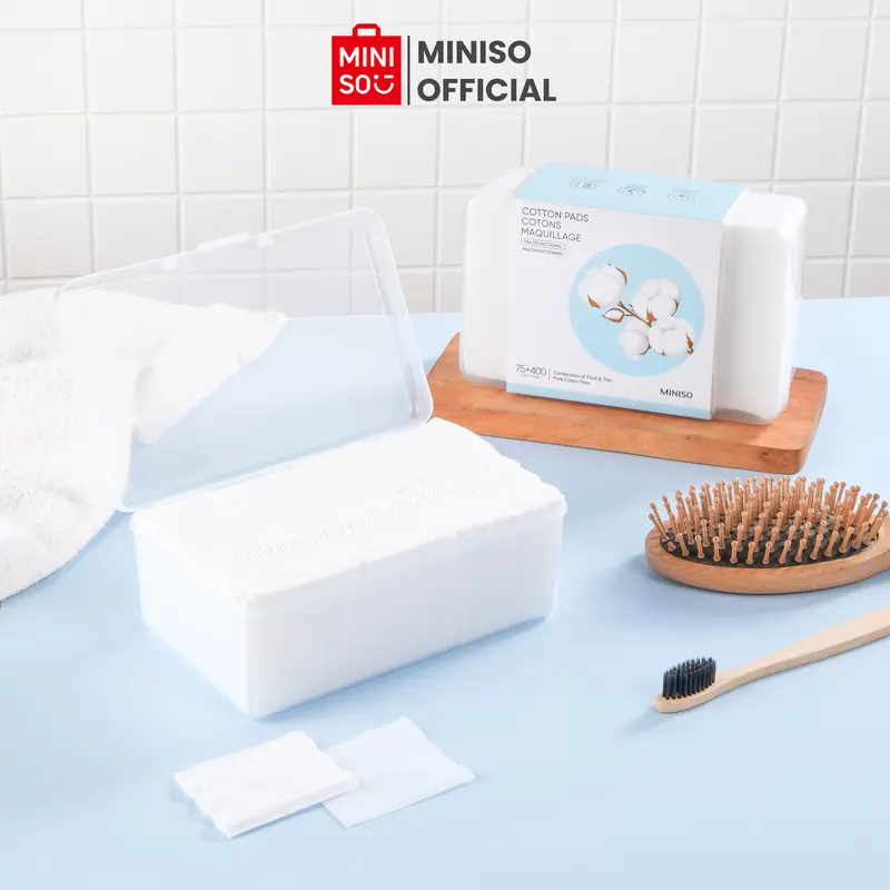 MINISO Facial Cotton Pads 75pcs Tebal + 400pcs Tipis Kapas Pembersih Makeup Make Up Bantalan Kapas Kotak Kapas Pembersih Wajah Kapas Kecantikan 1