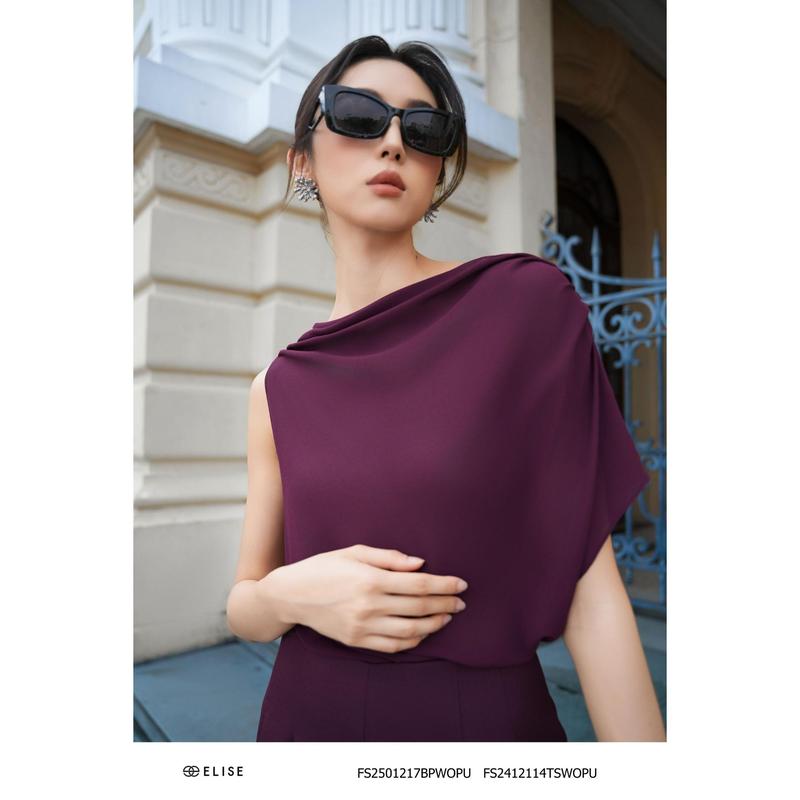 Áo chiffon tím mận cổ lệch xếp nhún thiết kế Elise mã FS2412114TSWOPU 
