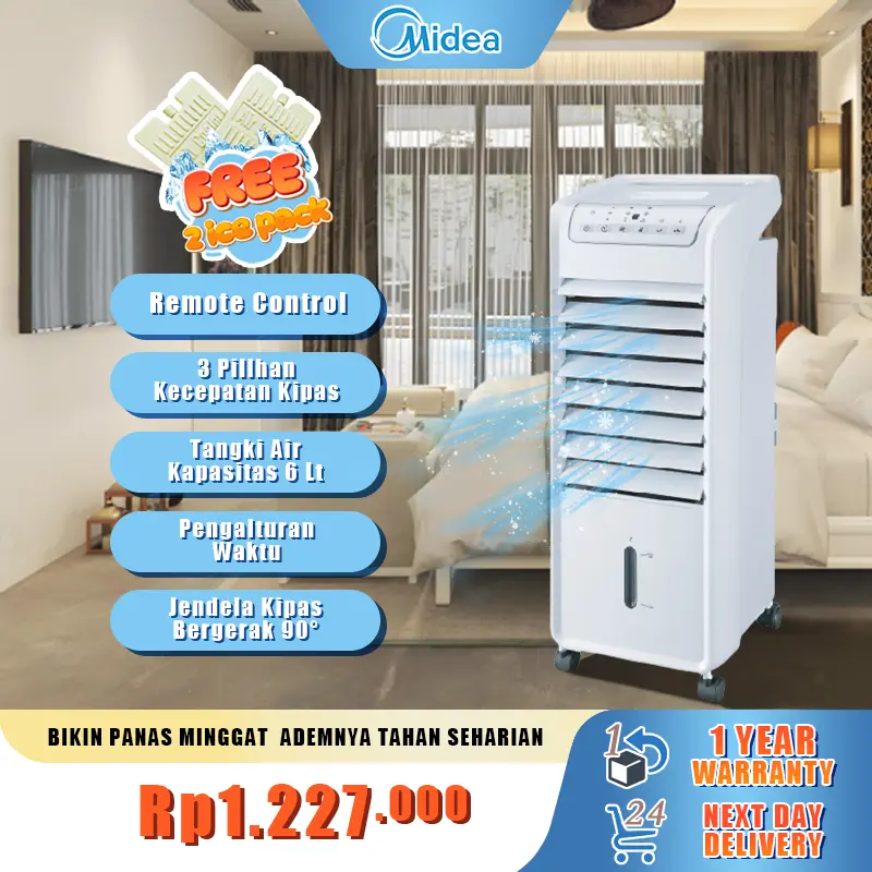 [TURUN HARGA] Midea Air Cooler 6L - Free Two Ice Pack/AC Portable 1 2 Pk Low Watt/Hadiah Gratis/Remote Control/Timer 7 Jam - AC100-A 0