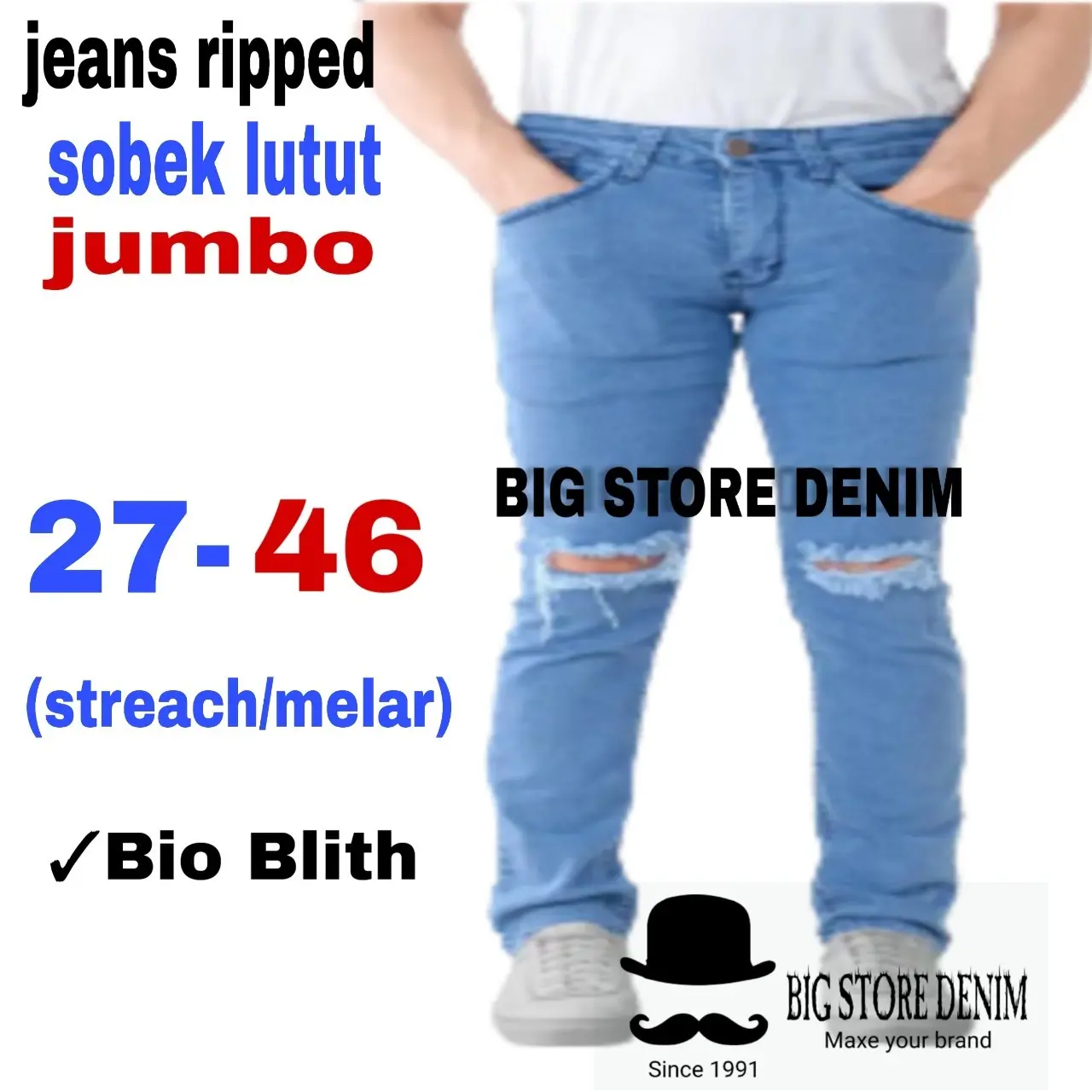 Celana Jeans Destroy Hitam Big Size Jumbo 28-44 Sobek Lutut Ripped Jeans Bahan Streatch Panjang Pria Premium Distro Bandung Denim Slimfit  Stretch Semi Skinny Lembut Nyaman slim  fit  jeans Biru Melar
