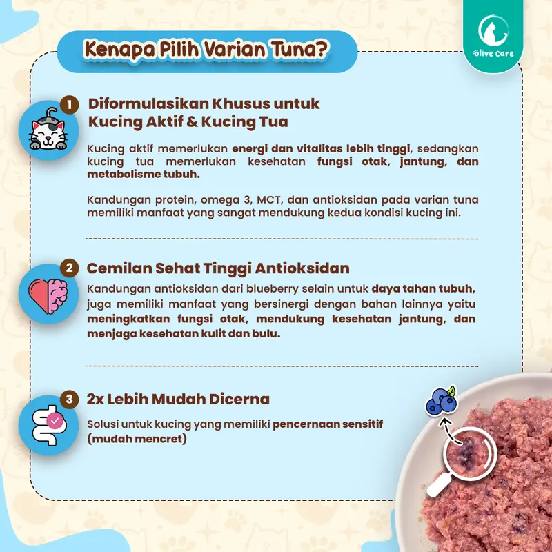 Olive Care PAKET CREAMY TREATS 16gr & 20gr Isi 5pcs Snack Cemilan Kucing Bernutrisi dengan Daging Ayam/Salmon/Tuna Asli with Red Spinach/Winter Squash/Highbush Blueberry 2