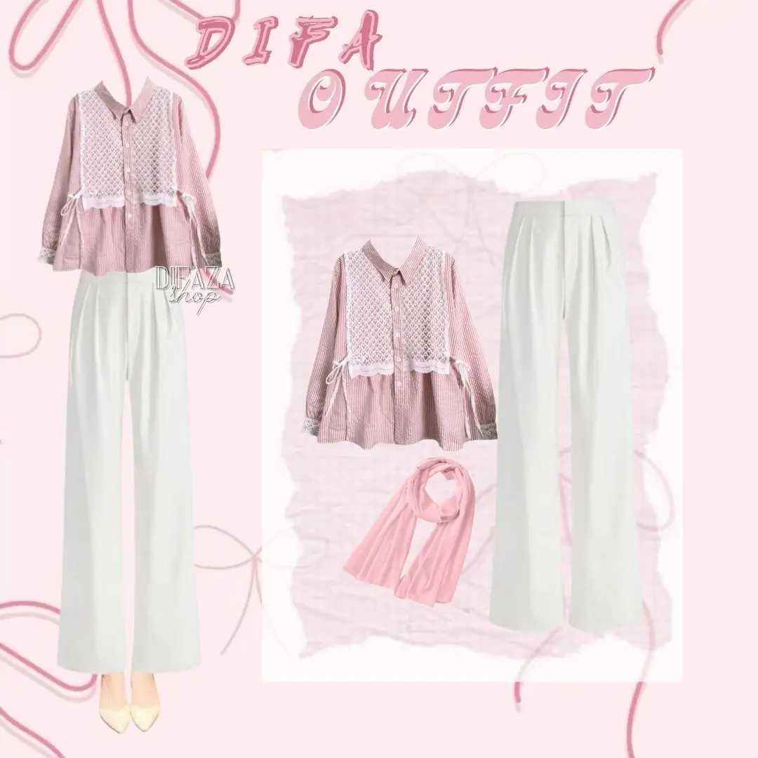 Oneset 3in1 (JILBAB + BLOUSE PINK + CELANA PUITIH) OOTD Blouse Pink Brukat Wanita Korean Style - DF570