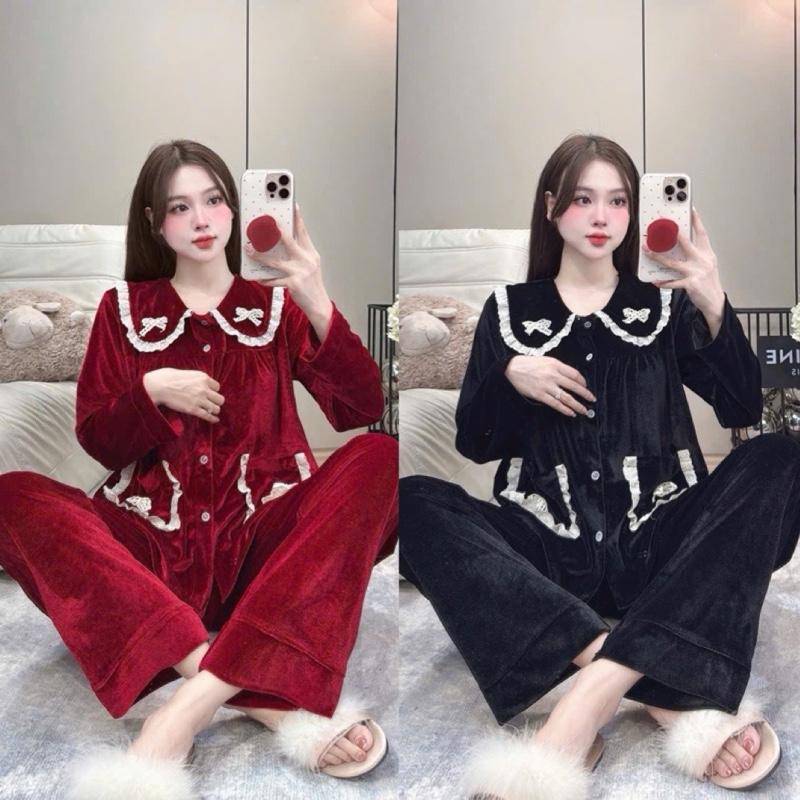 DƯỚI 1m63 - BỘ NHUNG 40-60kg và 63-75kg ĐỒ BỘ NỮ SET BABY DOLL ĐÍNH NƠ MÀU TRƠN VIỀN TRẮNG CHẤT VẢI NHUNG MỀM MỊN