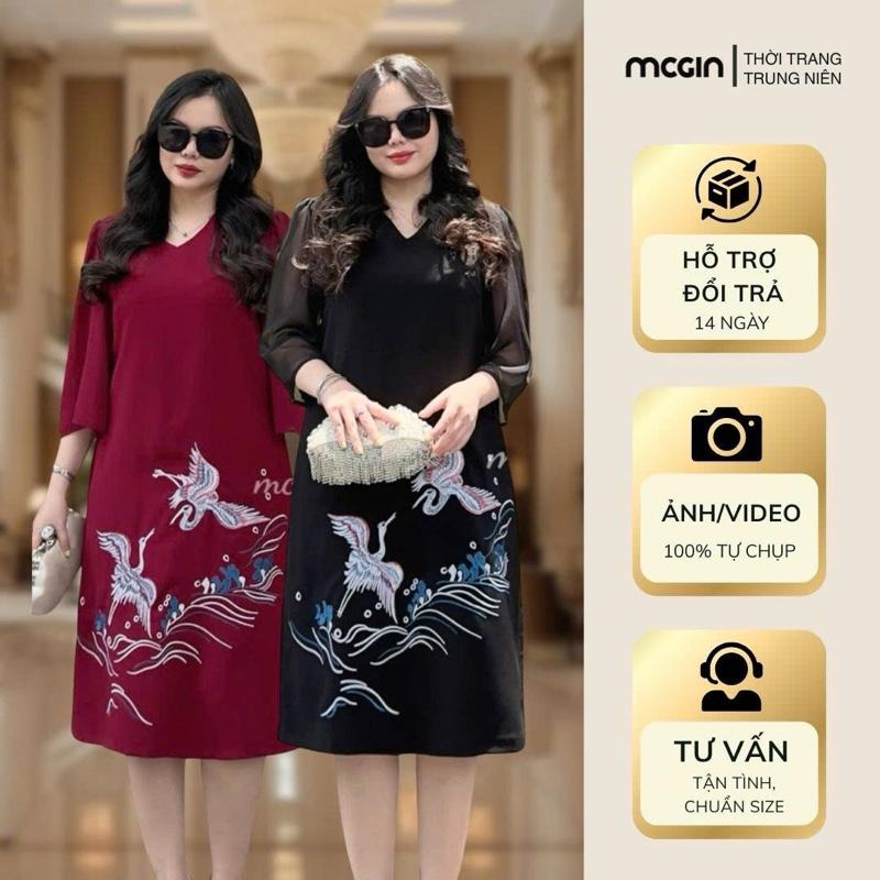 Đầm Trung Niên Sang Trọng Thêu Hải Hạc CG050 form suông A tay voan mềm mại thích hợp cho bà cho mẹ đi tiệc thanh lịch nhẹ nhàng quý phái Dress Women Dài Tay Voi váy  đen bigsize