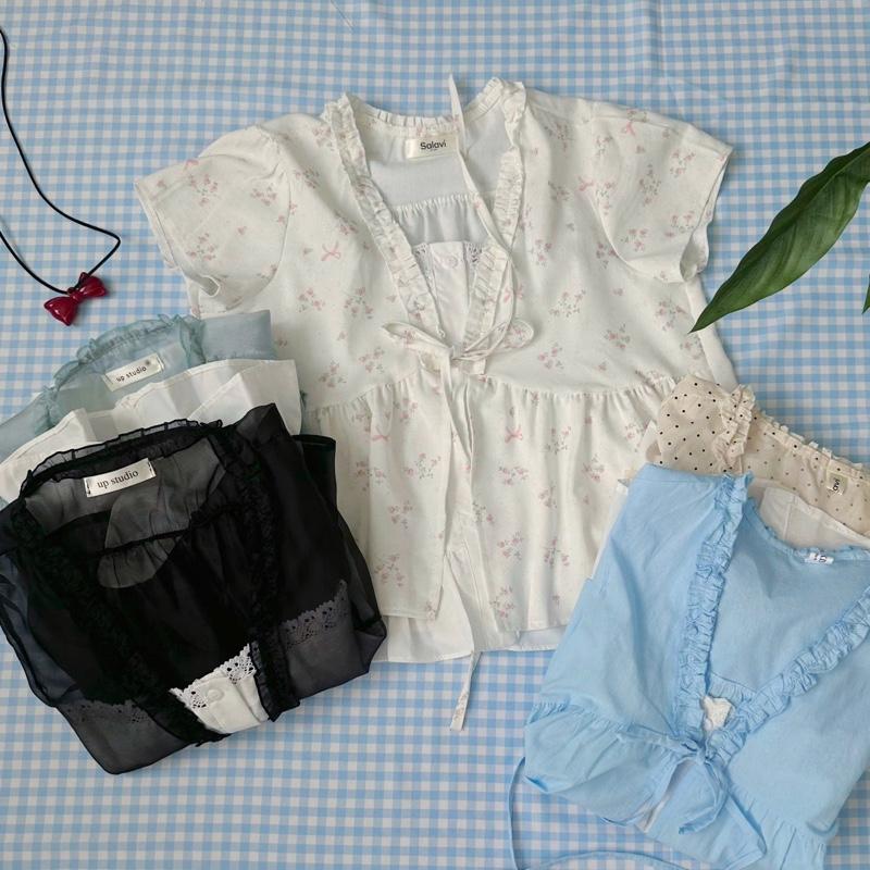 Áo kiểu ngắn tay cổ V may liền 1 lớp phối dây buộc nơ, áo voan mỏng nhiều màu Salavi N2 070