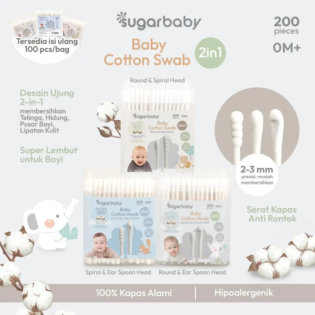 SUGARBABY 2in1 Baby Cotton Swab isi 200pcs | Pembersih Telinga 2 sisi Anak | Cotton Bud Korek Kuping Bayi | Refill Cotton Bud Cotton Swab Bayi Round Spiral Ear isi 100pcs