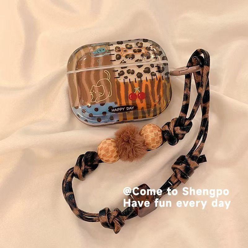 Ốp lưng tai nghe cho GOOJODOQ J201/J206, mùa thu/mùa đông, dây đeo cổ tay, tương thích với Apple AirPods 3/AirPods 4/AirPods 5, họa tiết da báo, ốp bảo vệ tai nghe AirPods Pro 2/Pro 3, phong cách cô gái cá tính