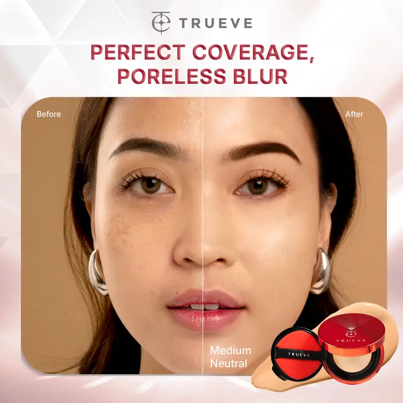 TRUEVE Radiant Hi-Cover Mesh Cushion - High Coverage Tahan Lama, Minim Oksidasi, Poreless Radiant Glow Finish, Skincare Kulit Normal Kulit Kering, Cover Blur (5X Ceramide + Snow Mushroom + Centella Asiatica) 3