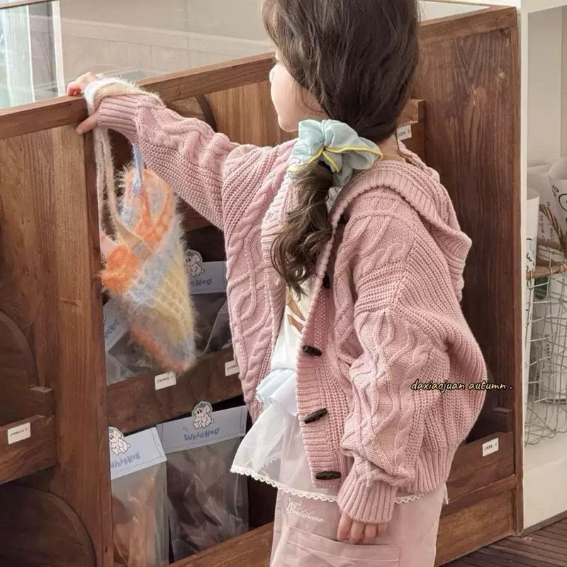 Áo khoác len vặn thừng khuy sừng có mũ cho bé trai bé gái trẻ em.