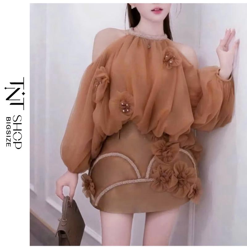  SET VÁY TIỂU THƯ SANG CHẢNH BIGSIZE CỔ YẾM HỞ VAI CHÂN VÁY HOA NỔI  TNT SHOP BIGSIZE 60KG 90KG  