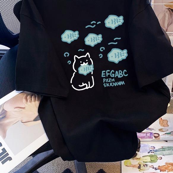 【CHMian mall】T-SHIRT WANITA - KAOS Cat putih&hitam OVERSIZE Round Neck Lengan pendek  kaos  wanita terlaris/ kaos  murah 4