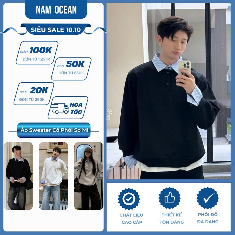 Áo Sweater phối sơ mi đôi nam nữ - Áo Sweater dài tay nỉ 2 da unisex Mặc đi học đi chơi M33 Nam Ocean - Menswear Shirt Đen