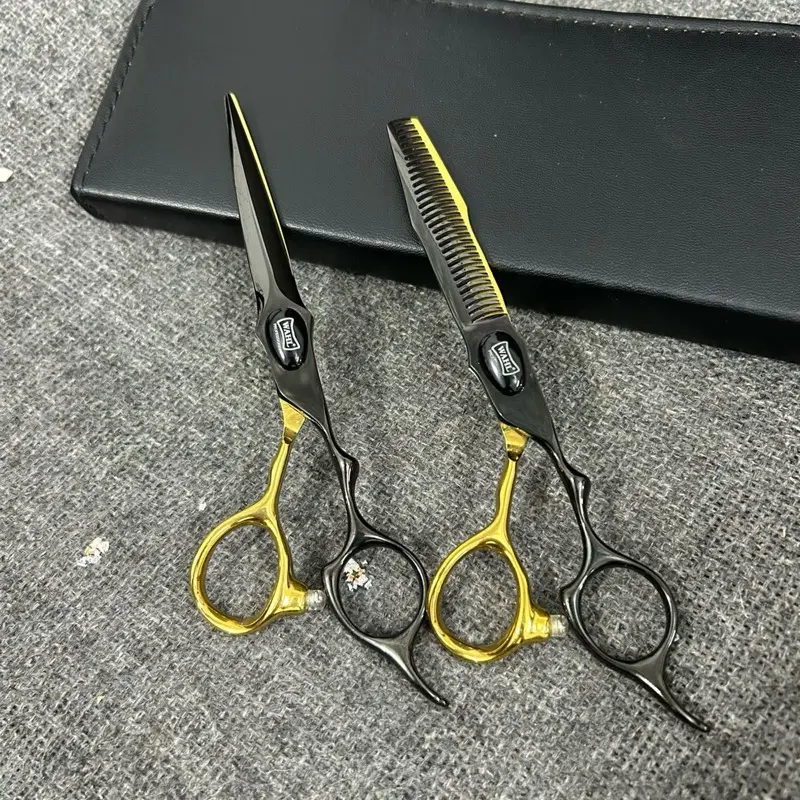 Bộ kéo cắt tỉa WAHL răng cong vàng đen ăn tỉa 15% size 6.0 (TAY PHẢI )