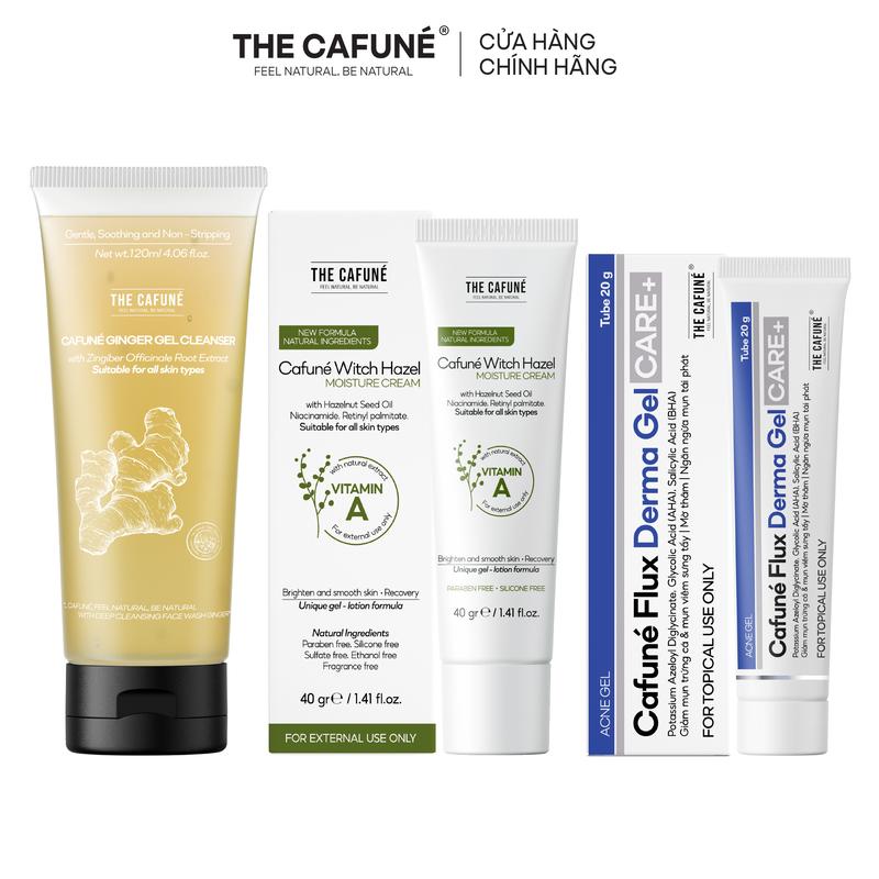  Combo Gel chấm mụn Cafuné Flux Derma Gel 20g + Sữa rửa mặt gừng Cafuné 120ml + Kem dưỡng ẩm Witch Hazel 40g Cafuné dành cho da mụn skincare chăm sóc da TCF - Loại da phù hợp: Da dầu và da mụn nhạy cảm - Giúp giảm mụn trứng cá và mụn ẩn Làm Đẹp Da 