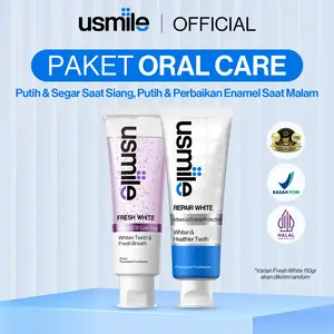 [Live] [Buat Gigi Sensitif] usmile Paket Oral Care Pasta Gigi Fresh White 110gr (Varian Random) & Repair White 100gr | Putih & Segar saat Siang Repair Enamel untuk Malam | Pemutih Gigi | Pasta Gigi Whitening | Nafas Segar | Gigi Sensitif