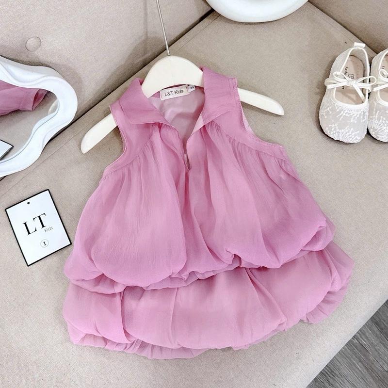 Set bộ áo cổ V dáng bồng bí ngô hai lớp, kèm chân váy bồng bí ngô xinh đẹp dành cho bé gái (8-30kg)