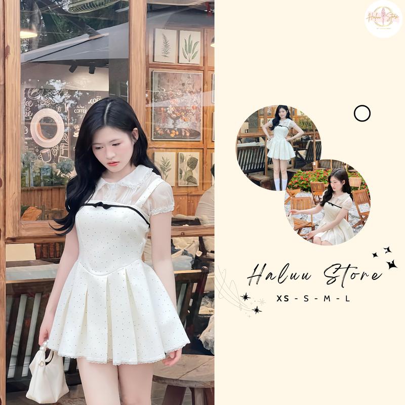  Set Đầm 2 dây chân váy xếp li + áo sơ mi HH102 Haluu Store phong cách tiểu thư cho nữ 