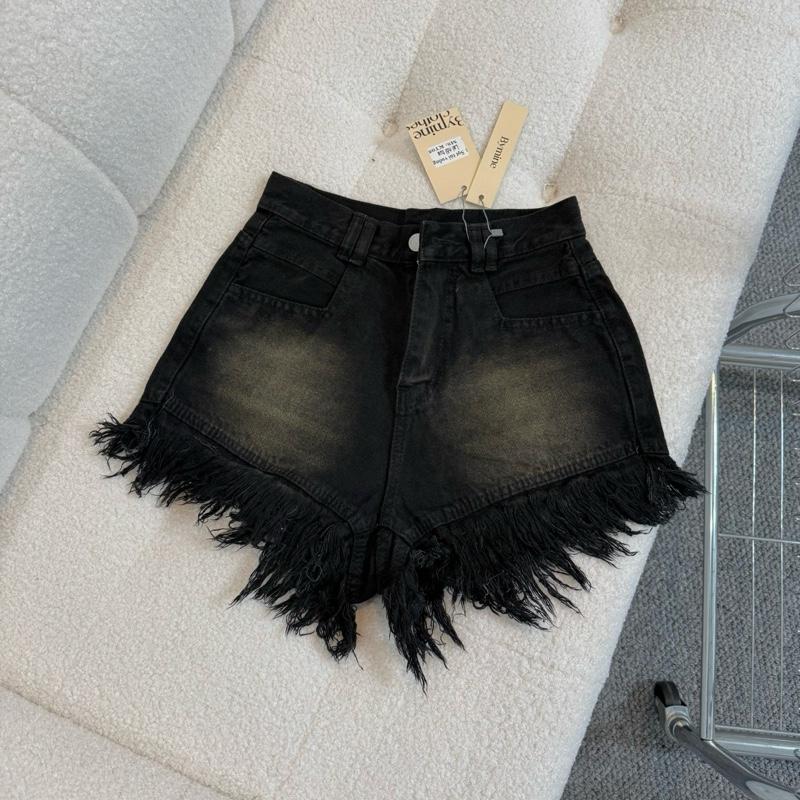 KT05 Quần Đùi Short Jean Nữ Ngắn 28cm Cạp Cao , Lai Nối, Ống Rộng Tua Rua Women Ong Pants Trắng
