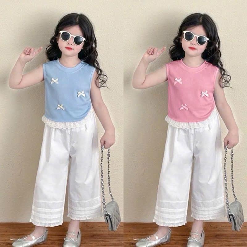 S1303 - Set áo quần thun tăm ba lỗ nơ dành cho bé gái (9-30kg)