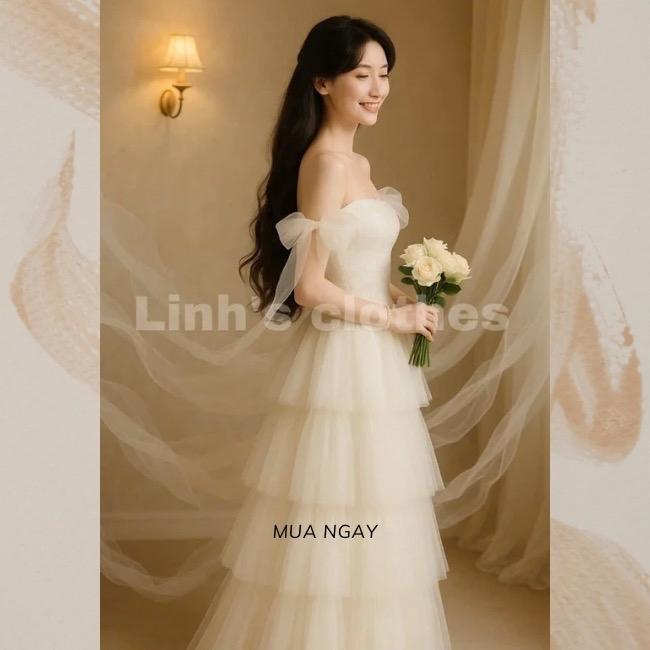 váy trắng tầng đầm dự tiệc đi bàn cô dâu tầng tiểu thư nhẹ nhàng công chúa trong sáng AnHani