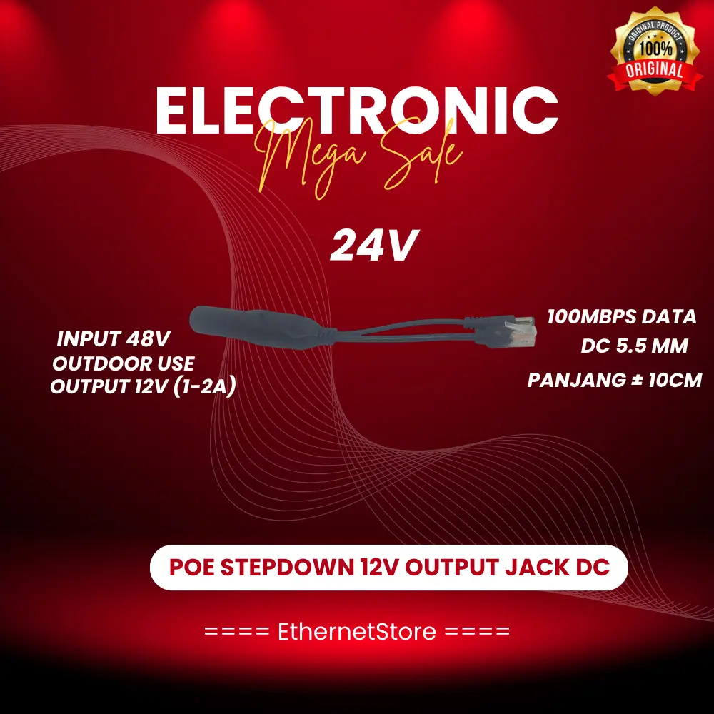 EthernetStore Jorgietech 100M Poe Spliter Stepdown 24V - 12V outdoor (Jack DC Output) Dukungan 10/100Mbps PoE Splitter dengan Input 24V dan Output 12V 2A