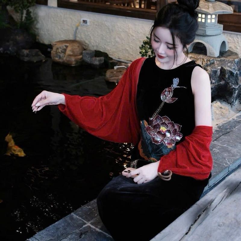  Váy Nhung The Ôm Eo Thêu Đính Sen Đá 