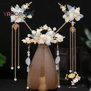 YARDORNOS Set Hiasan Kepala Rambut Berumbai Panjang dengan Anting Desain Bunga Aksesori Hanfu Gaya Tradisional Tiongkok Buatan Tangan