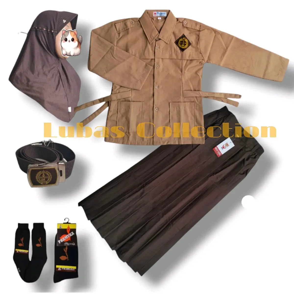 Setelan Seragam SD BAJU PRAMUKA LENGAN PANJANG TALI ANAK PEREMPUAN DAN ROK REMPEL COKLAT untuk Anak kelas 1-6