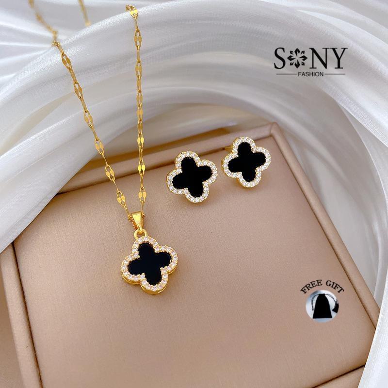 ชุดสร้อยคอและต่างหูโคลเวอร์นำโชค, SNY, ทำจากเหล็กไททาเนียม, ราคาไม่แพง, ฝังไมโคร, สง่างาม, เหมาะสำหร
