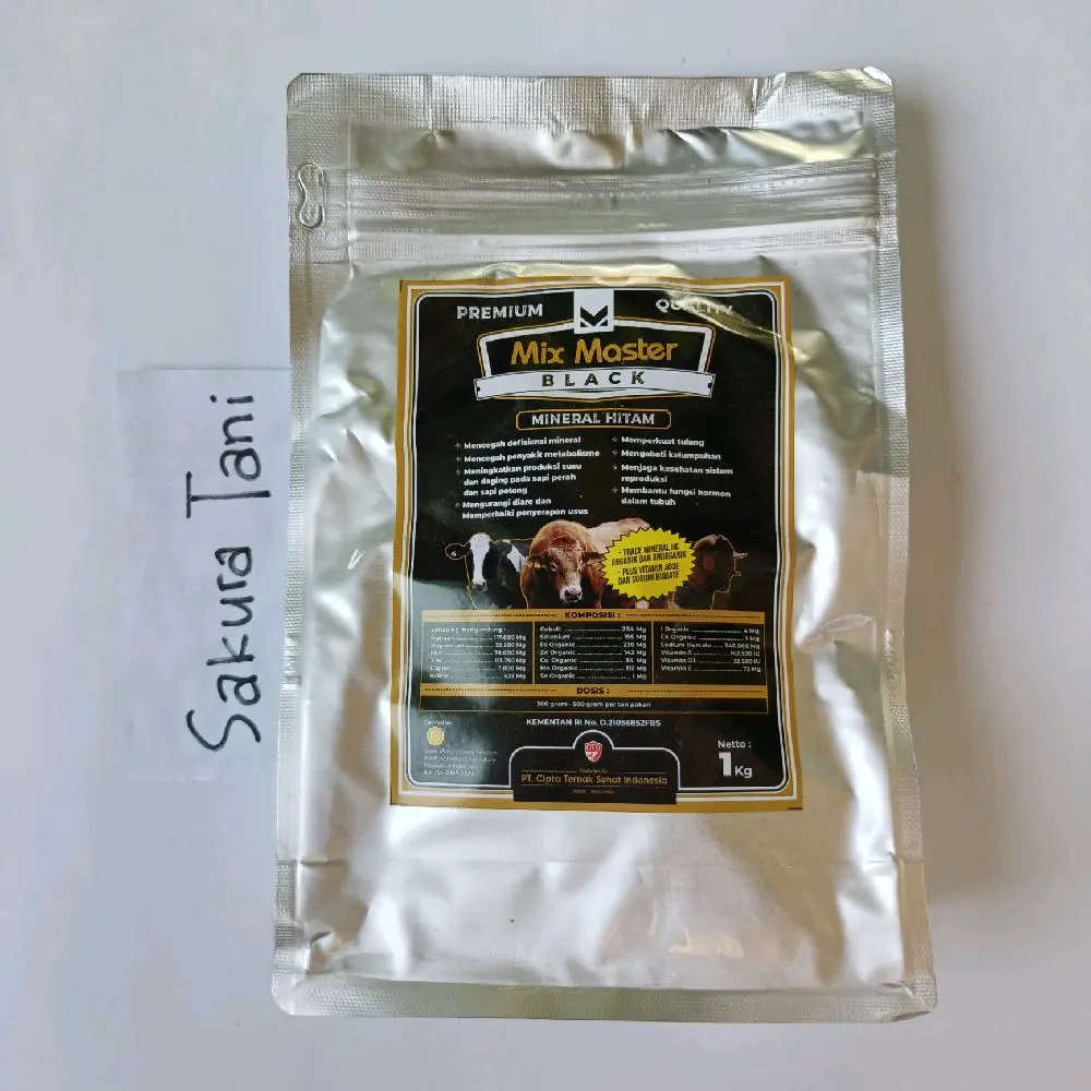 Mix Master Premix Black Mineral Hitam Suplemen Mencegah Kelumpuhan Ternak Sapi Kambing Domba Kerbau Rusa Kemasan 1 Kg