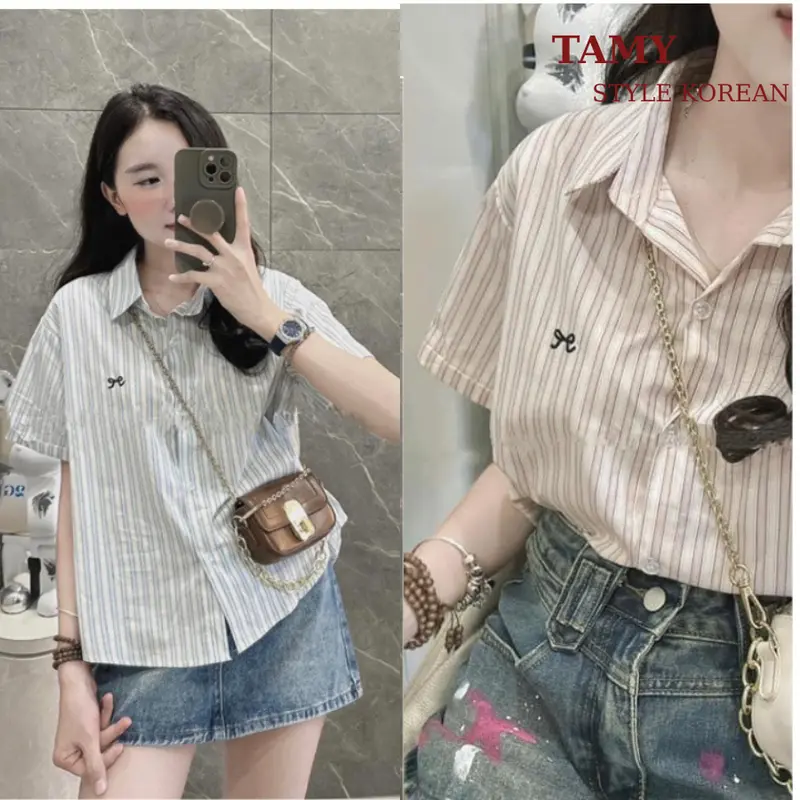 Áo sơ mi kẻ sọc nữ cộc tay thêu nơ kiểu dáng hàn quốc 1