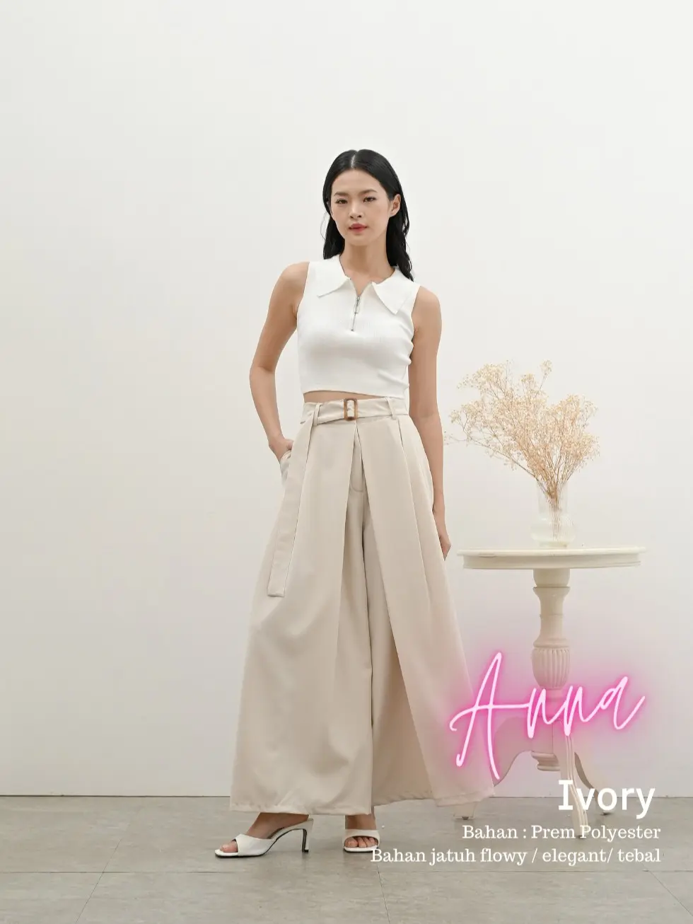 Cammomile 2304098 ANNA kulot wanita gesper celanakulot kulot  premium Kaki Panjang Polyester Pant loose pants Formal Casual Celana kerja ivory Basic Kantor