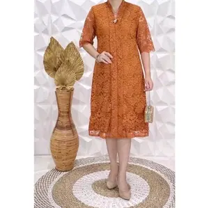 Dress tunik renda kebaya kartini kancing depan Kondangan Formal Wanita Mewah Nyaman /Dress cantik Pesta brokat - Dress kebaya Natal - Dindaa Fashion Gaun Casual