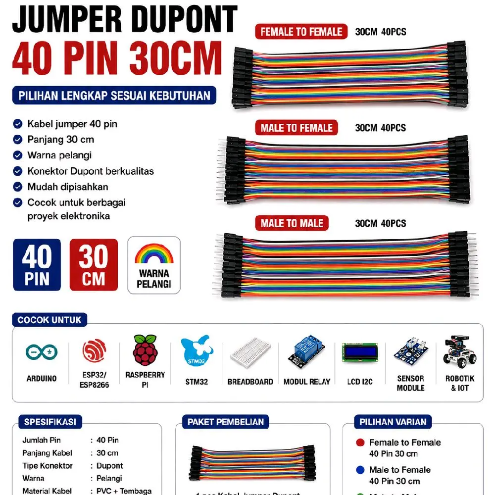 Jumper Dupont 40 Pin 30cm Male Male Male Female Female Female Kabel Arduino ESP32 Breadboard