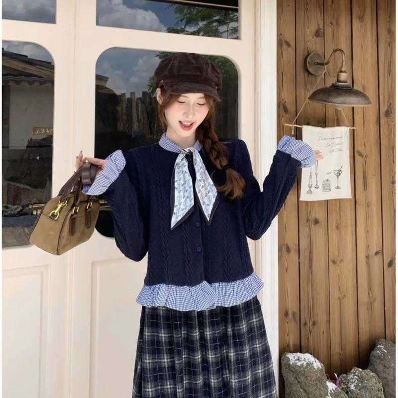 Áo len nữ sơ mi cổ tàu tặng kèm dây nơ lụa xinh dáng ngắn thời trang thanh lịch Áo len nữ tiểu thư phong cách Hàn Quốc M55