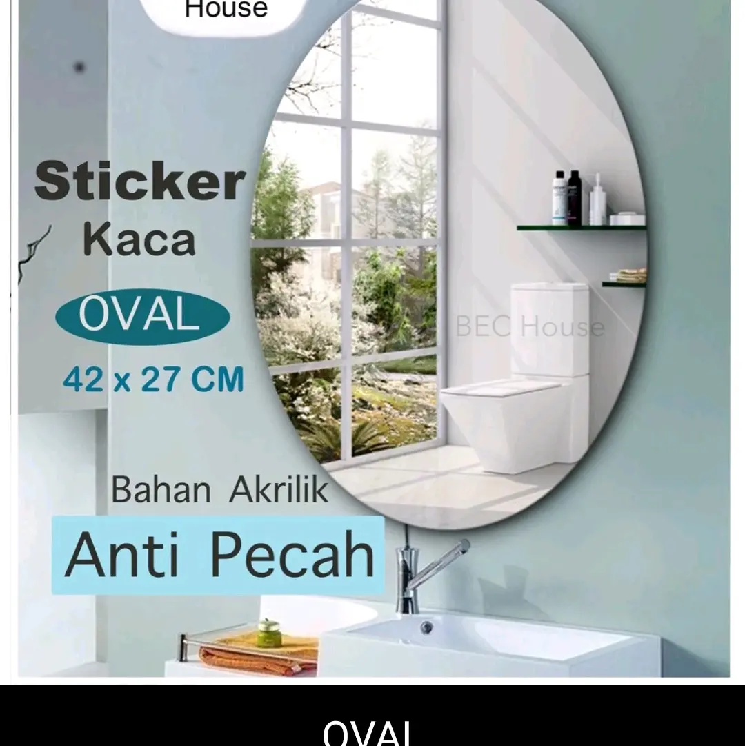 STICKER CERMIN OVAL 3D 42x27 STIKER DINDING Kaca Acrylic Sudah Dengan Perekat