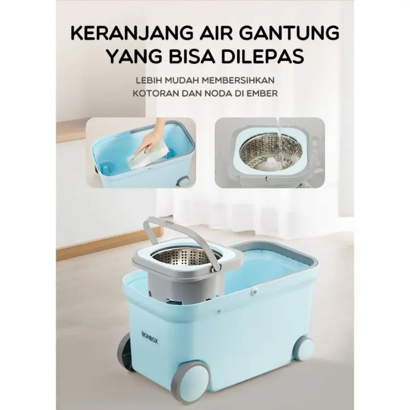 BONBOX Alat Pel Lantai 2 in 1 Kain Fiber dengan 4 Roda Ember Spin Mop Mencuci dan Membilas Alat Pembersih Lantai BCT401101