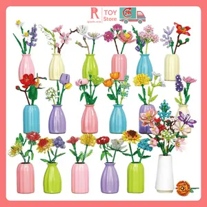 igoods.rose Bunga blok bangunan tunggal bunga hias murah bunga matahari mawar lavender blok bangunan rangkaian bunga dekorasi buket hadiah ulang tahun Toys