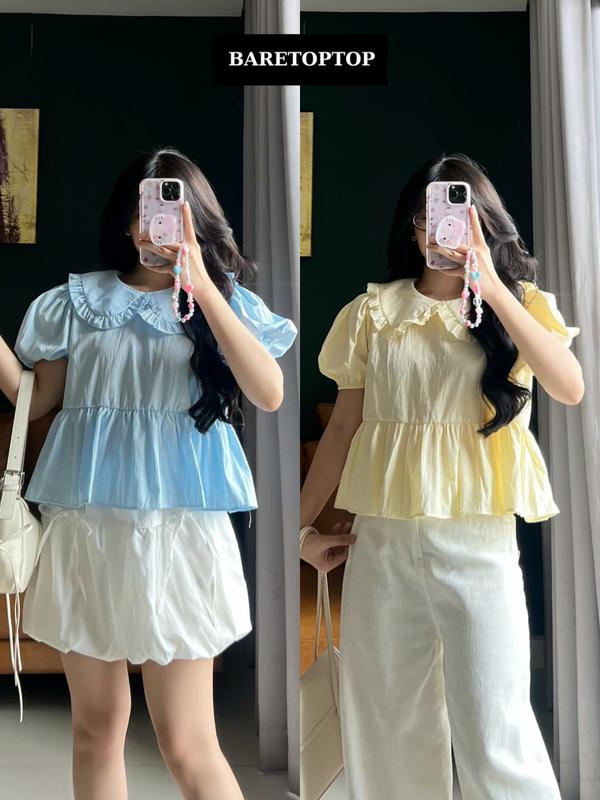 BARE_Áo Babydoll Cổ Sen Tay Phồng BORA TOP, Áo Sơ Mi Cổ Bèo Cộc Tay Đi Học Đi Chơi, Dễ Thương_A569