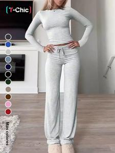 Conjunto de dos piezas para mujer con camiseta corta de manga larga y pantalones con cintura con cordón, Conjuntos informales, modernos y cómodos para el día a día, Ropa de mujer para otoño e invierno