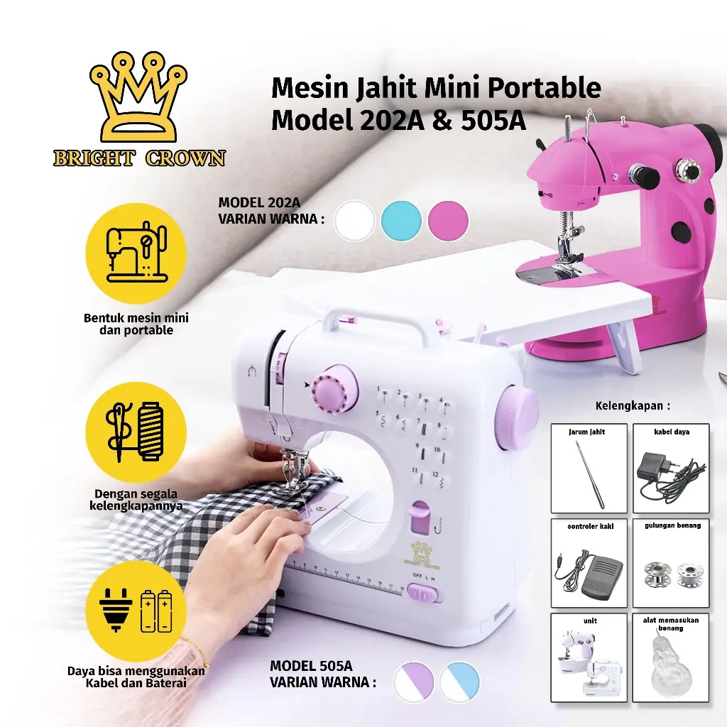 Bright Crown Mesin Jahit Mini Portable 505A 12 Jenis Pola Jahitan + 202A Mesin Jahit + Lampu Malam
