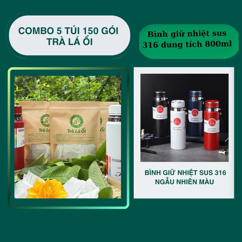 combo 5 túi 150 gói Trà Lá Ổi kèm bình giữ nhiệt inox 316 dung tích 800ml