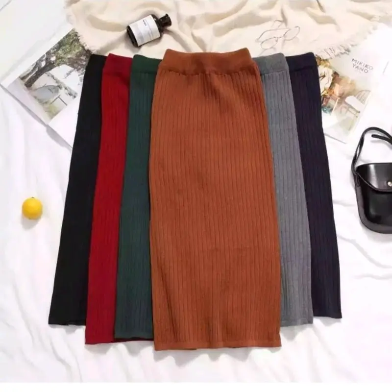 Rok Span Bahan Knit Premium dengan Karet Pinggang Elastis - Wanita Cantik Motif Polos - Nyaman, Hitam, Panjang, Tebal, Waist, Bawahan 2