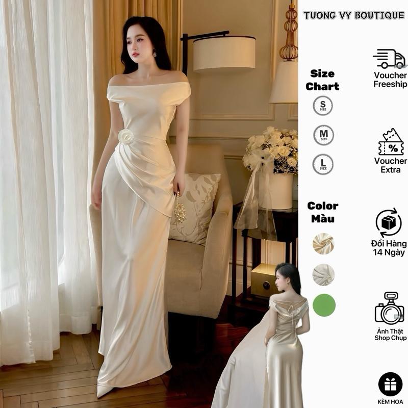 KÈM HOA & DÂY Váy Đầm Lụa Trễ Vai Mặc Nhiều Kiểu Dáng Dài 143cm Nhấn Li Dây Kéo Bên Hông lụa cao cấp Size SML LUA-7099