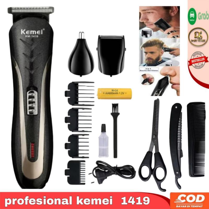 Satu Paket Barbershop Pencukur Rambut Kemei Rechargeable Hair Clipper Alat Cukur Rambut Jenggot Kumis Multifungsi Lengkap 3