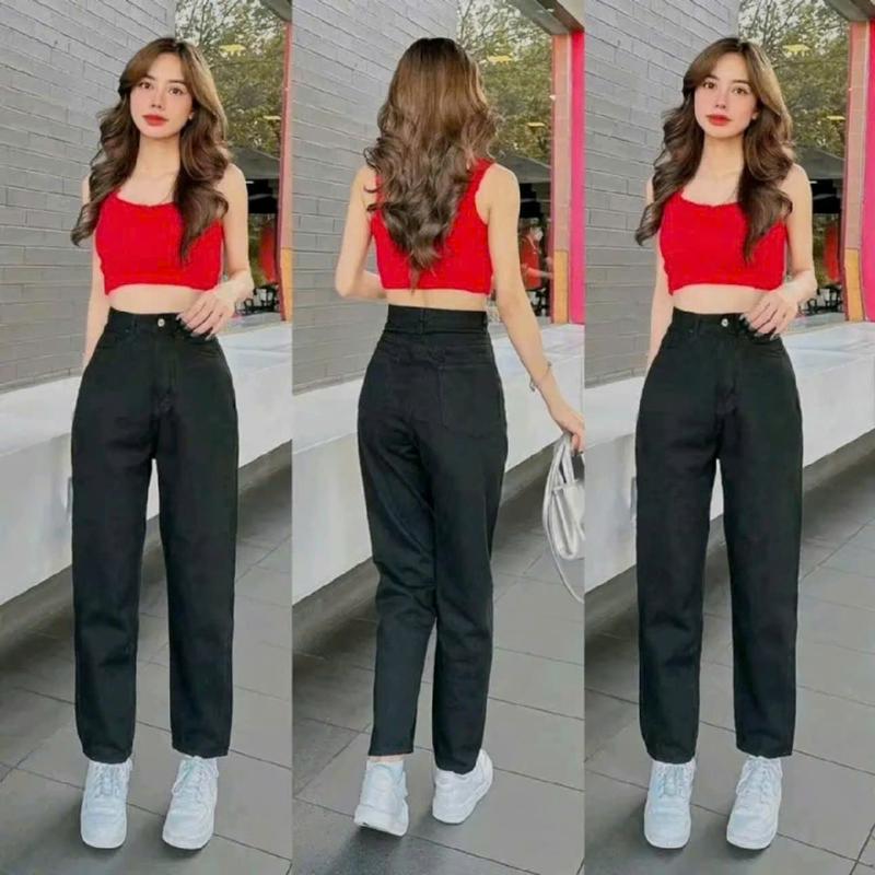 Quần baggy jean nữ ống Đứng lưng cao k co dãn ,Quần jean nữ phom 9 tấc màu Đen trơn cơ bản TH338