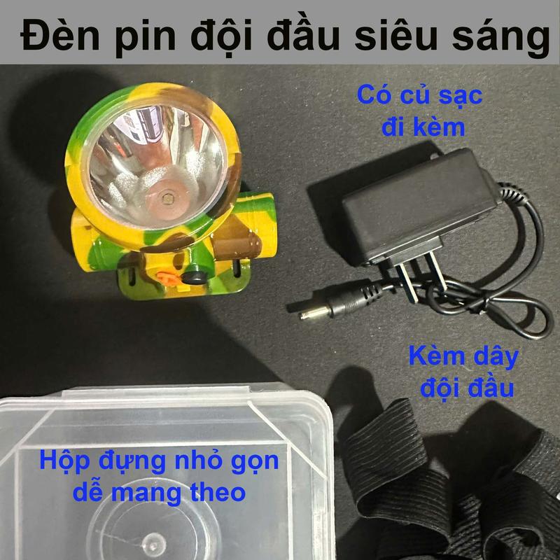 Đèn pin đội đầu siêu sáng 2 chế độ nhỏ gọn kèm dây đeo và củ sạc