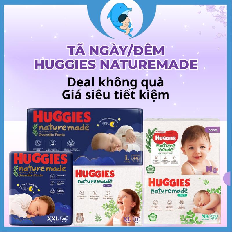 [Link không quà - Giá siêu tiết kiệm] Tã quần dán Huggies NatureMade/Huggies Naturemade Overnite NB60/S82/M64/L54/XL44/M58/L44/XL38/2XL26 cho bé từ 5 đến 17kg