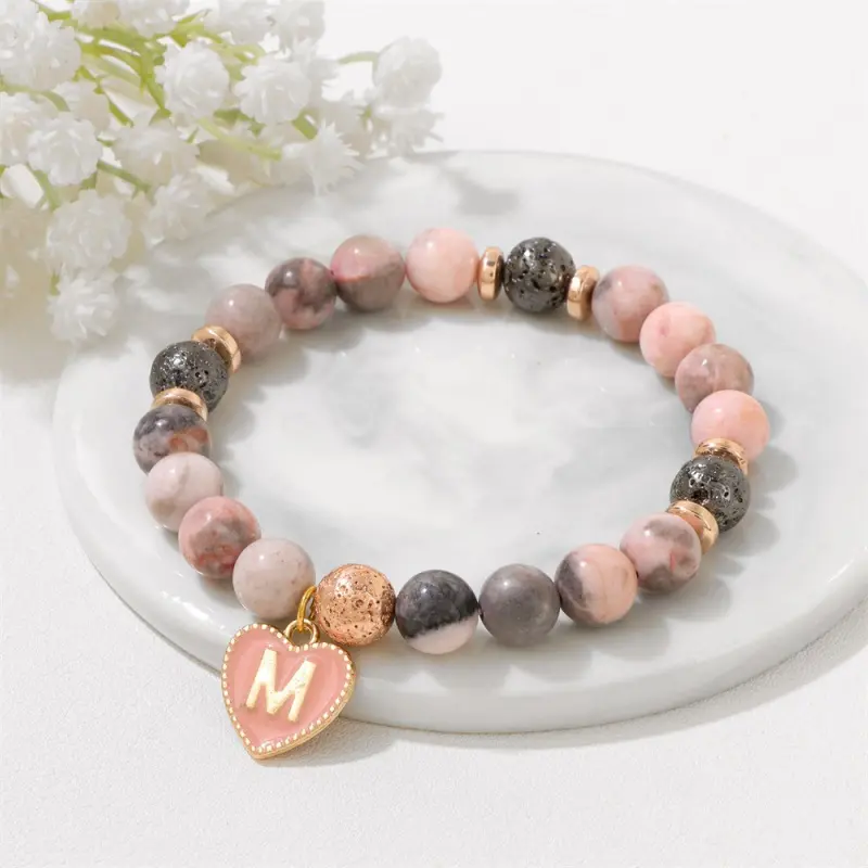 Natural Pink Zebra Stone Bead 26 Letters Love Pendant Bracelet for Women Elegant Couple Bracelet Gift